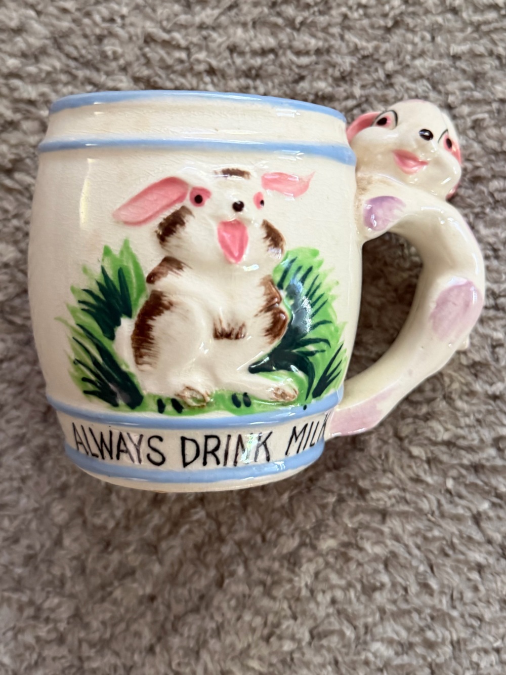 Vintage Ceramic Bunny Milk Mug - White with Pink & Green